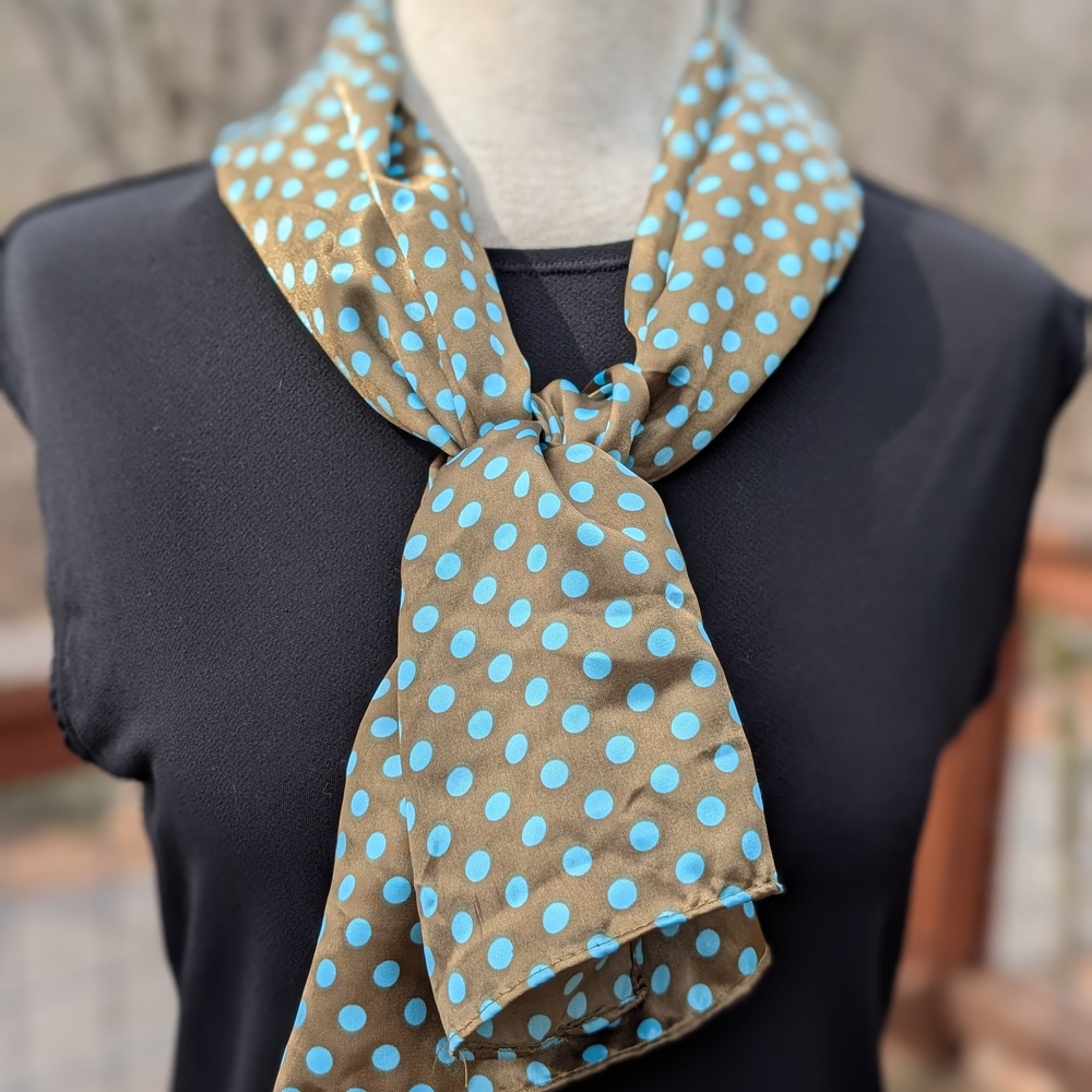 Brown Silky Scarf With Turquoise Polka Dots By Evolve Silky